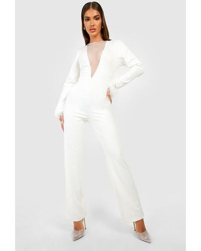 Boohoo Feather Cuff Plunge Jumpsuit - White