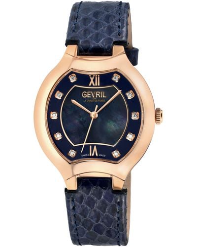 Gevril Lugano Swiss Diamond , Blue Mop Dial, Iprg Case,genuine Italian Handmade Leather Strap Swiss Quartz Watch