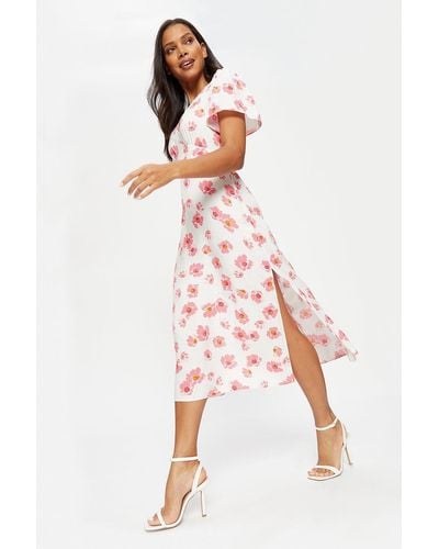 Dorothy Perkins Floral Flutter Sleeve Midi Dress - Pink