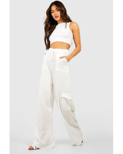 Boohoo Cotton Crinkle Relaxed Fit Cargo Trousers - White