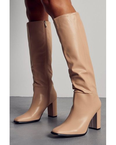 MissPap Pointed Knee High Heeled Boots - Natural
