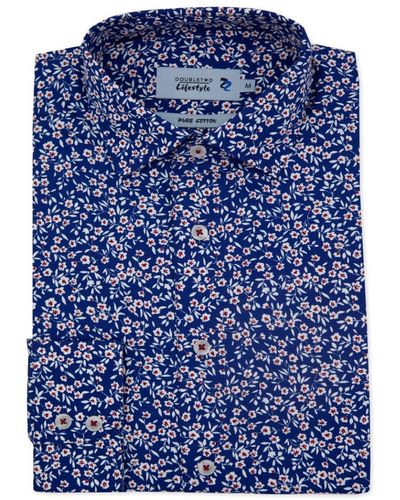 Double Two Slim Fit Navy & White Floral Print Long Sleeve Casual Shirt - Blue