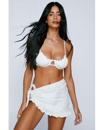 Nasty Gal Broderie Ruffle Underwire Bikini And Sarong 3pc Set - White