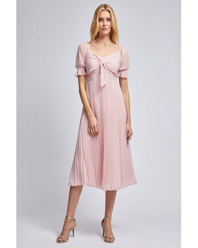 Dorothy Perkins Blush Tie Front Pleated Midi Skater Dress - Pink