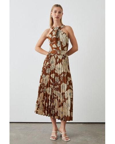 PRINCIPLES Brown Floral Pleated Midi Dress