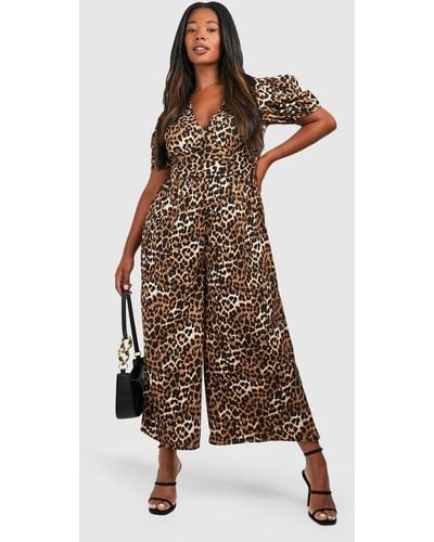 Boohoo Plus Woven Leopard Puff Sleeve Jumpsuit - Brown