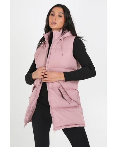 Brave Soul 'cello' Longline Hooded Puffer Gilet - Pink