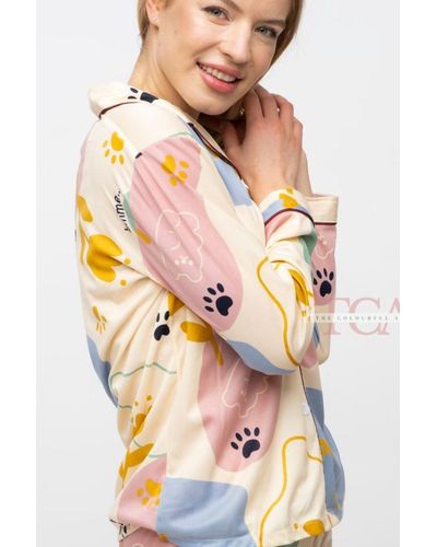 The Colourful Aura Dog Paw Printed Soft Long Sleeve Night Suit Women's Silk Sleepwear Pyjama Set - Multicolour