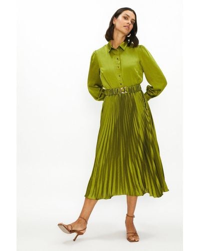 Coast Pleated Satin Shirt Dress With Belt - Green