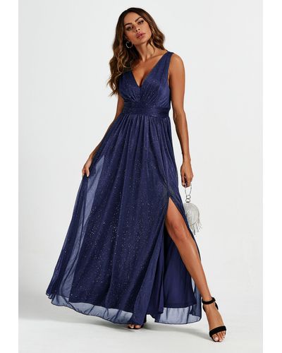 FS Collection Sparkly V Neck Bridesmaid Maxi Dress In Navy - Blue
