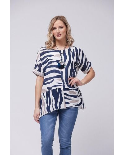 Saloos Zebra Print Panelled Cotton Top With Necklace - Blue