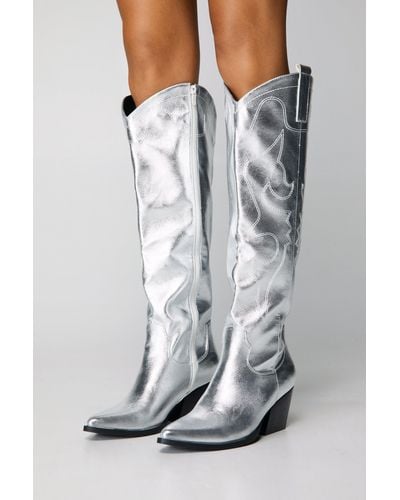 Nasty Gal Metallic Knee High Cowboy Boots - Grey