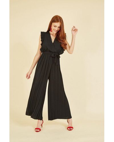 Mela Black Pleated Wrap Jumpsuit With Frill Detail - Natural
