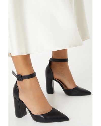 Faith : Carmi Ankle Strap High Block Heel Pointed Court Shoes - Black