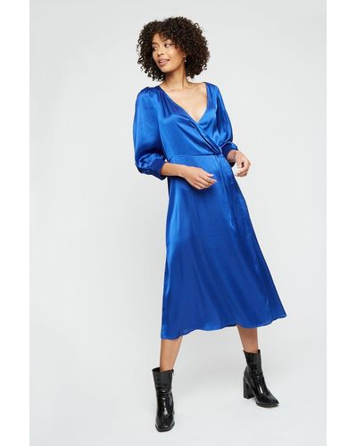 Dorothy Perkins Plain Cobalt Satin Wrap Midi Dress - Blue