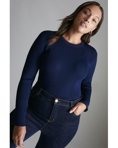 Karen Millen Plus Size Rib Knit Viscose Blend Crew Neck Jumper - Blue