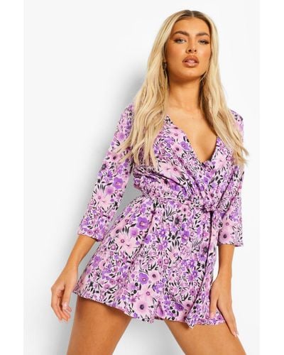Boohoo Ditsy Floral Wrap Front Belted Romper - Purple