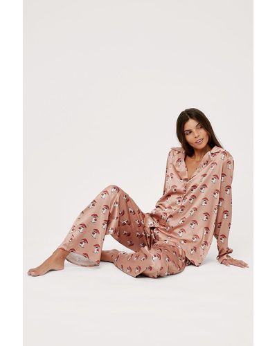 Nasty Gal Satin Mushroom Print Trouser Pyjama Set - Pink