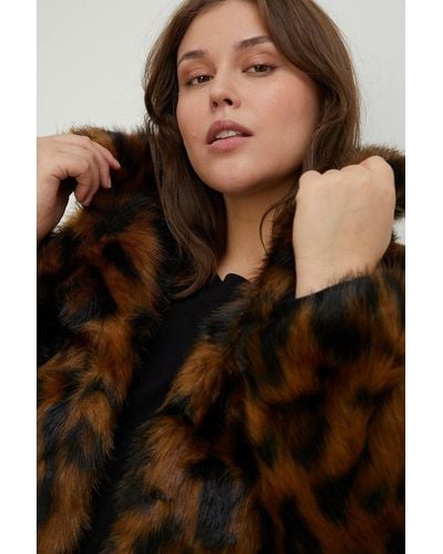 Oasis Plus Size Animal Faux Fur Collared Coat - Brown