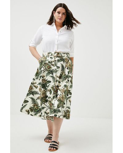 Karen Millen Plus Size Vintage Cotton Sateen Midi Belted Skirt - White