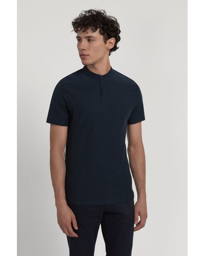 Larsson & Co Navy Mini Rib Short Sleeve Henley T-shirt - Blue