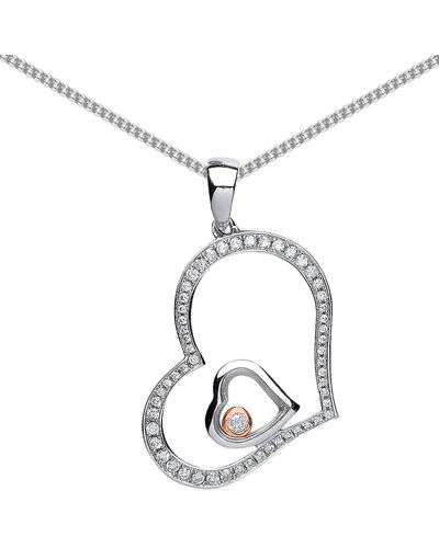 Jewelco London 2-colour Silver Cz Floating Stone Heart Pendant Necklace 18 Inch - Metallic