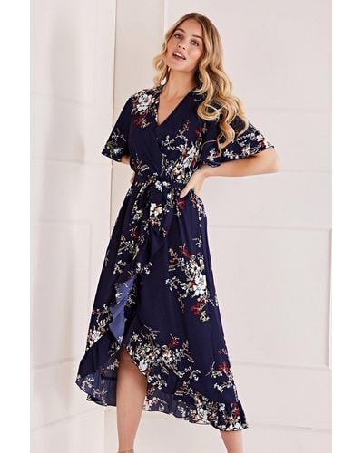Mela Navy Floral Short Sleeve Maxi Dress - Blue