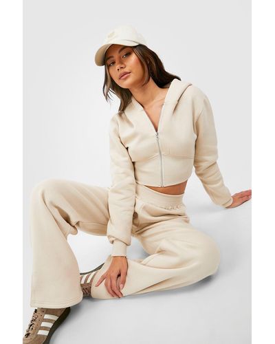 Boohoo Corset Detail Cropped Hoodie And Straight Leg Tracksuit - Natural