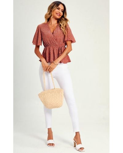 FS Collection Angel Sleeve V Neck Top/blouse In Rusty Red Dot Print - White