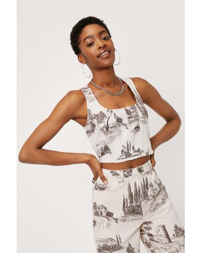 Nasty Gal Landscape Print Denim Corset Top - Brown