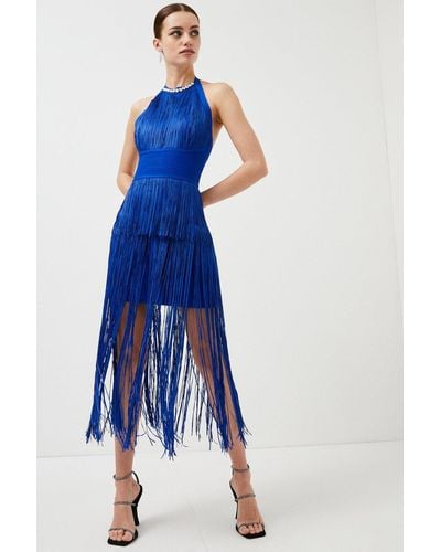 Karen Millen Petite Bandage Knit Fringed Dress - Blue