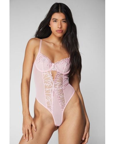 Nasty Gal Heart Embroidered Underwire Lingerie Bodysuit - Pink