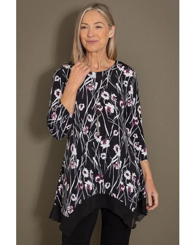 Anna Rose Garden Print Tunic Top With Necklace - Brown