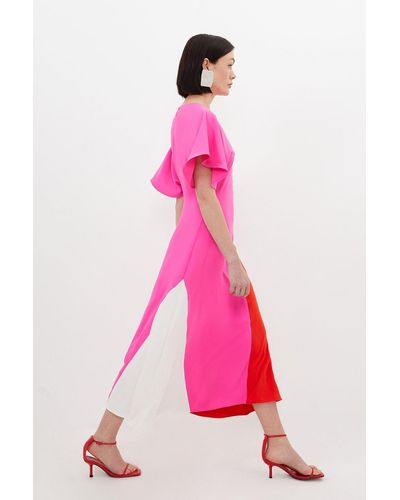 Karen Millen Soft Tailored Colour Block Panel Full Skirted Midi Dress - Pink