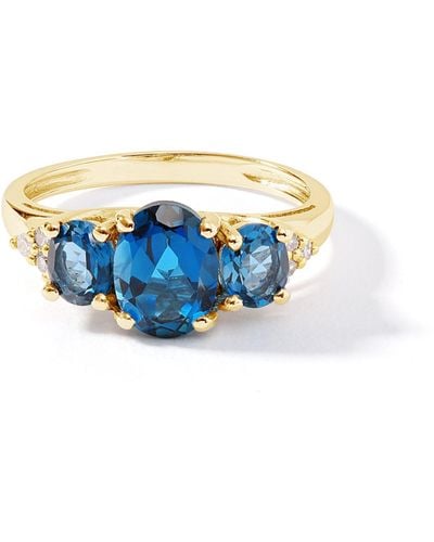The Fine Collective Yellow Gold Natural London Blue Topaz And Diamond Trilogy Ring