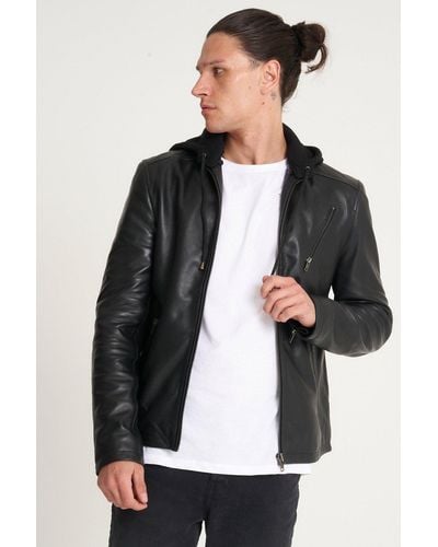 Barneys Originals Hooded Leather Jacket - Black