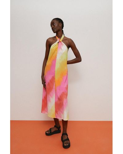 Warehouse Tie Dye Print Halter Neck Midi Dress - Pink