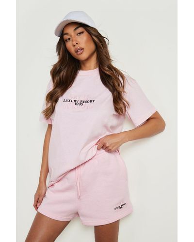 Boohoo Embroidered T-shirt And Short Set - Pink