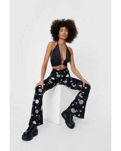 Nasty Gal Space Print High Waisted Flare Trousers - Black