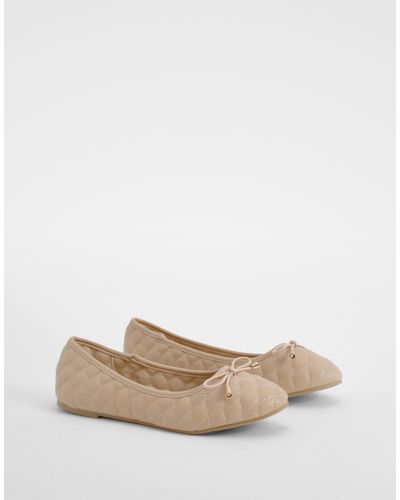 Boohoo Wide Fit Quilted Bow Detail Ballet Flats - Natural