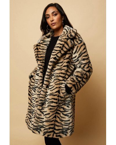 Wallis Petite Longline Animal Faux Fur Coat - Brown