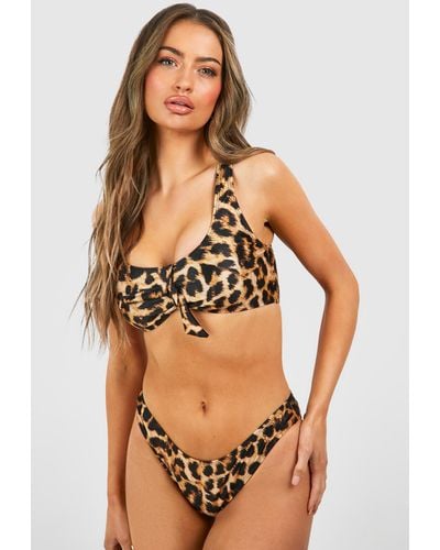 Boohoo Leopard Tie Detail Bikini Top - Brown