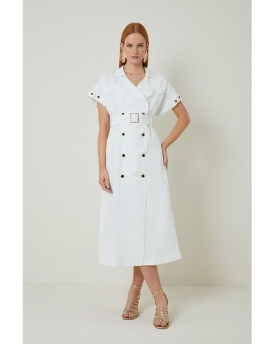 Karen Millen Linen Viscose Fluid Tailored Double Breasted Belted Midi Shirt Dress - White