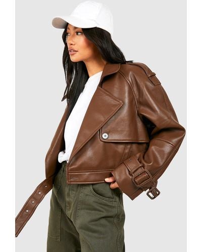 Boohoo Cropped Faux Leather Biker Trench Coat - Brown