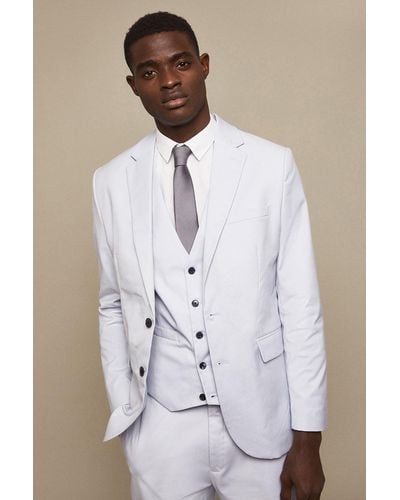 Burton Tailored Fit Blue Cotton Stretch Suit Jacket - White