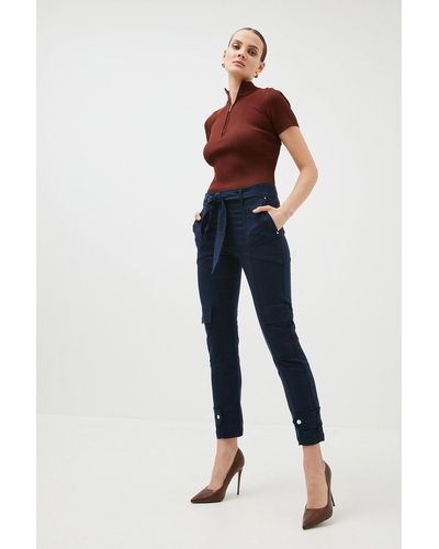 Karen Millen Smart Tab Hem Belted Woven Trouser - Blue