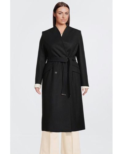 Karen Millen Plus Size Tailored Italian Manteco Wool Blend High Neck Belted Maxi Coat - Black
