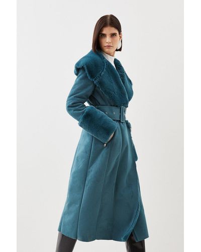 Karen Millen Tall Faux Shearling Collar & Cuff Belted Long Coat - Blue