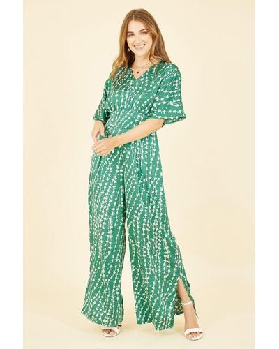 Yumi' Green Abstract Print Kimono Sleeve Jumpsuit