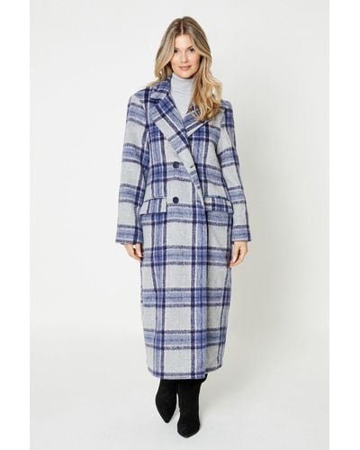 Dorothy Perkins Double Breasted Checked Long Jacket - Blue